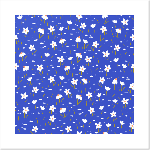 Pattern with cute daisy flowers on blue background Wall Art by iulistration